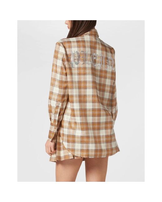 Philipp Plein Overhemden ,Bruin ,Polyester Checked Oversize Shirt Ls Strass Flame in het Natural