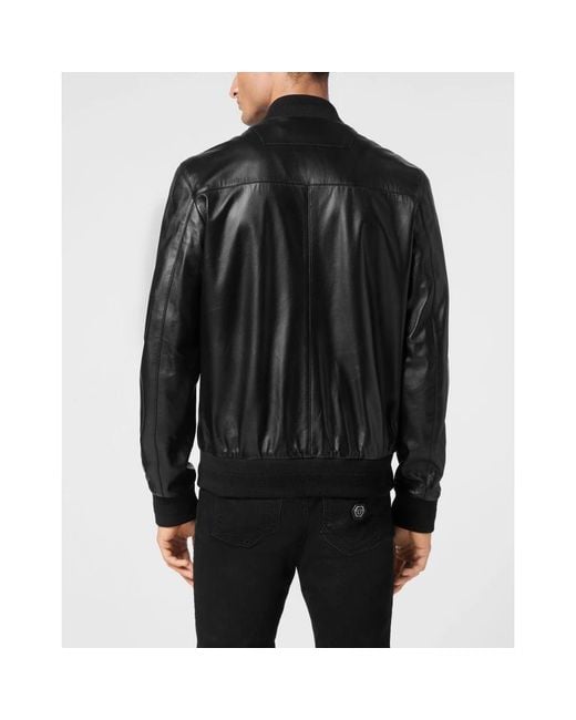 Philipp Plein Jassen ,Zwart ,Leer Leather Bomber Ls in het Black voor heren