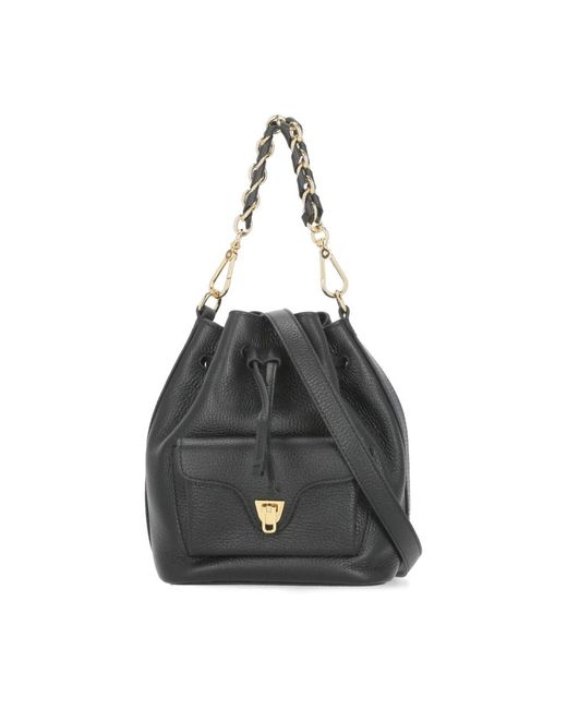 Coccinelle Black Schwarze Leder-Schultertasche Mit Zugband