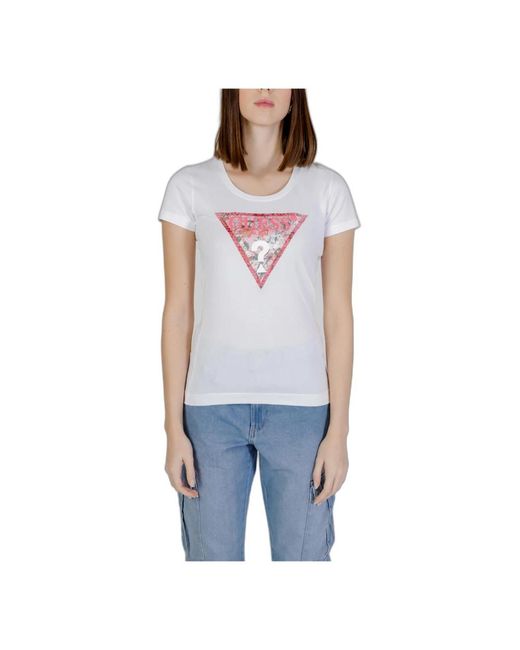Guess Geprint T-Shirt Met Korte Mouwen En Ronde Hals in het Blue