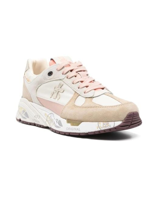 Premiata White Mased Leather Suede Panel Sneakers