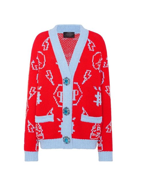 Philipp Plein Truien & Vesten ,Rood ,Wol Jacquard Cardigan Monogram in het Red