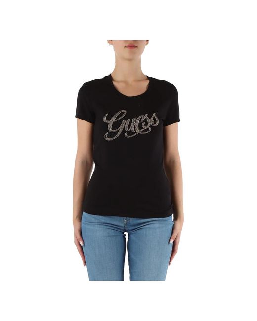T-shirt slim fit in cotone stretch con logo in strass e perline di Guess in Black