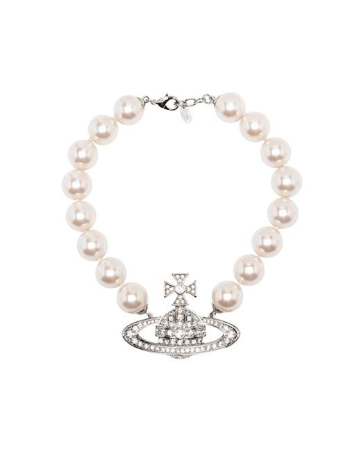 Maxi collana di perle con logo in cristallo di Vivienne Westwood in Metallic
