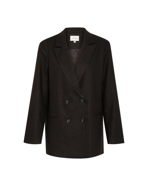 Gestuz Jassen ,Zwart ,Linnen Zwarte Linnen Blazer Met V-Hals in het Black