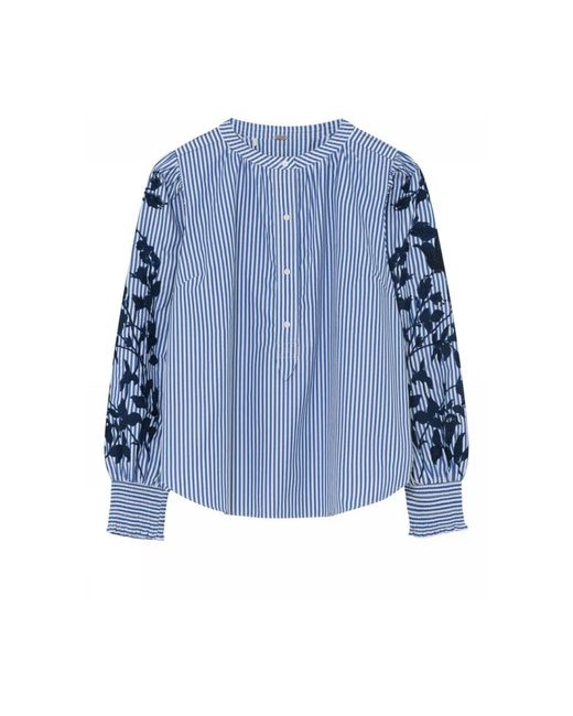 GUSTAV Blue Bestickte bluse mit smok-ärmelbündchen