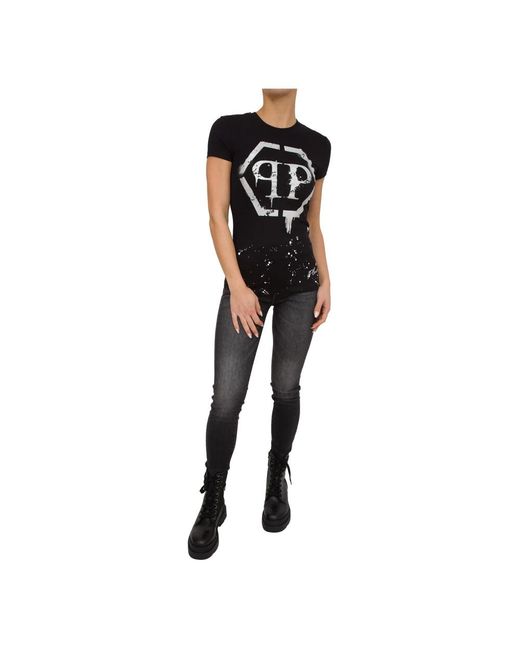 Philipp Plein Tops ,Zwart ,Katoen Zwarte Ronde Hals T-Shirt in het Black