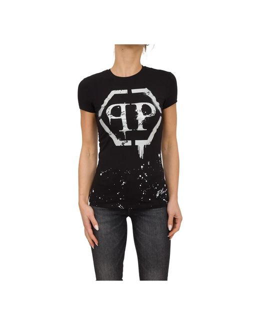 Philipp Plein Tops ,Zwart ,Katoen Zwarte Ronde Hals T-Shirt in het Black