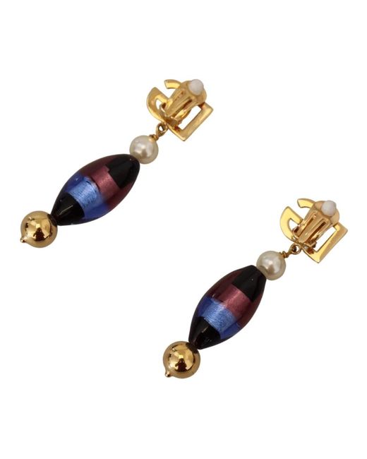 Orecchini pendenti in ottone placcato oro e vetro di Dolce & Gabbana in Blue