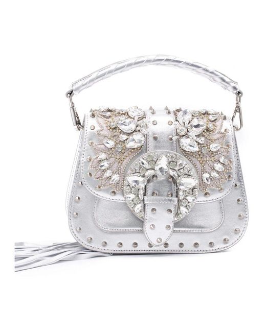 Alma En Pena. White Schultertasche mit schmucksteinen und klappe
