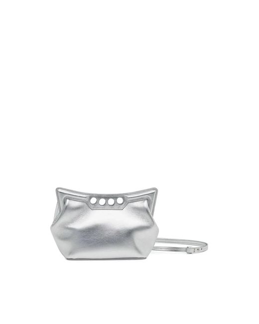 Alexander McQueen White Silberne Metallic-Lambskin Peak Mini Tasche