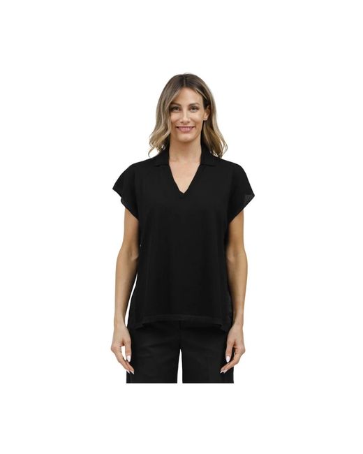Gran Sasso Overhemden ,Zwart ,Katoen Mouwloze Polo Met V-Hals En Lurex Bies in het Black