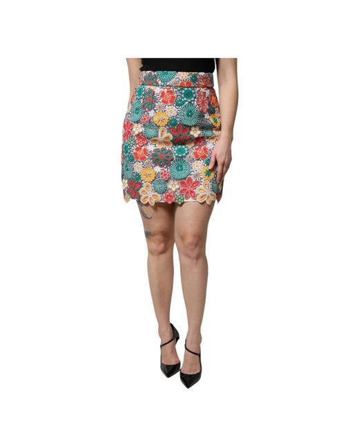 Dolce & Gabbana Blue Floral Lace High Waist Mini Skirt