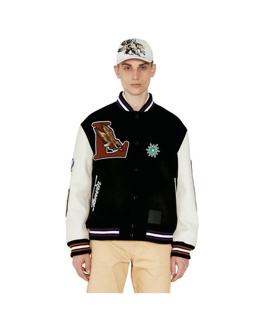Lanvin Jassen ,Zwart ,Katoen Logo Patch Leren Mouw Varsity Jas in het Black voor heren