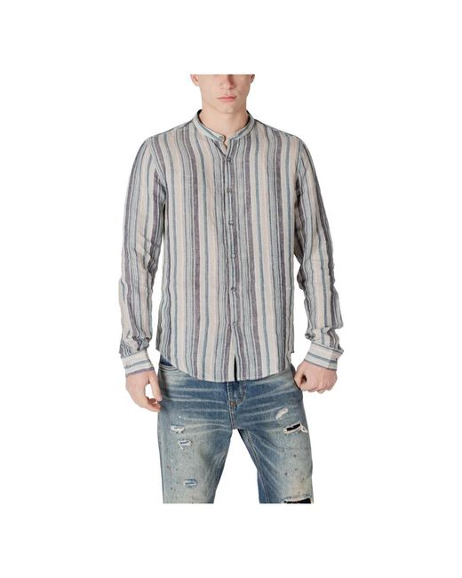 Gianni Lupo Blau gestreiftes leinenhemd mit darin-kragen in Gray für Herren