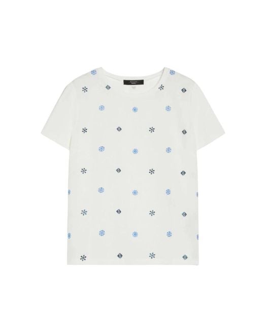 T-shirt in lino ricamato con scollo a girocollo e maniche corte di Max Mara in White