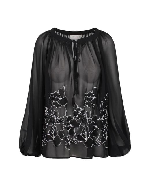 Ermanno Scervino Overhemden ,Zwart ,Polyester Doorschijnende Bloemen Geborduurde Boothals Blouse in het Black