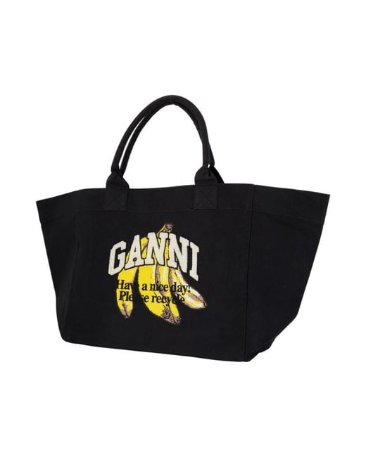 Ganni Black Schwarze Baumwoll Shopper Tasche