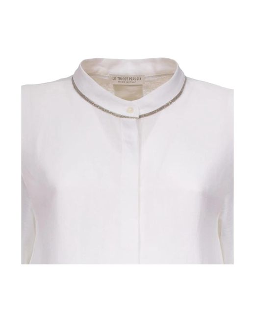 Le Tricot Perugia White Leinenhemd mit koreanischem kragen