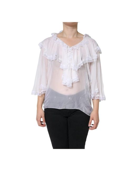 Dolce & Gabbana Overhemden ,Wit ,Nylon Witte Blouse Met Ruches En Kant in het Gray