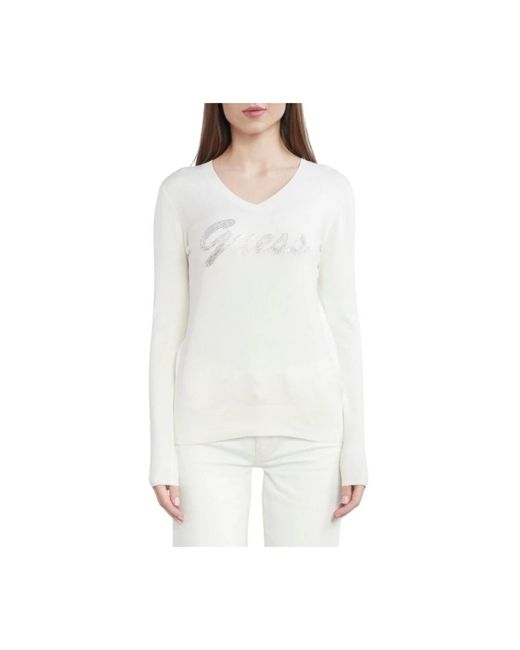 Guess White V-Neck Knitwear
