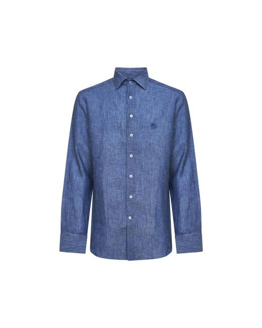 Etro Overhemden ,Blauw ,Linnen Linnen Overhemd Met Pegaso in het Blue voor heren