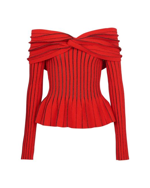 Balmain Red Off-Shoulder-Top Aus Strick
