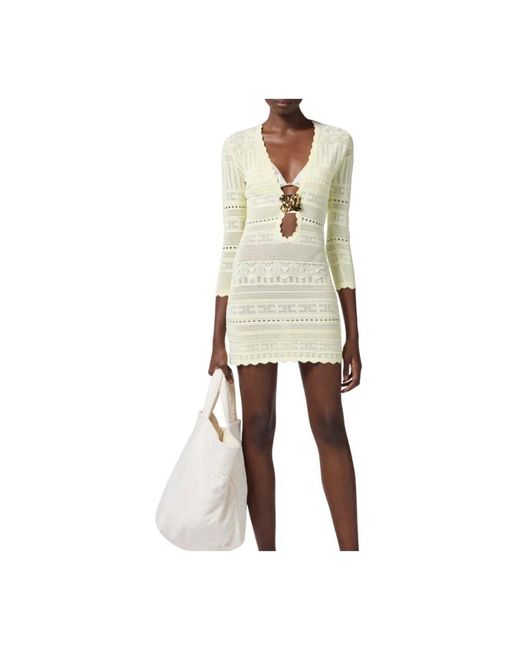 Elisabetta Franchi Natural V-Ausschnitt Spitzen Mini Kleid