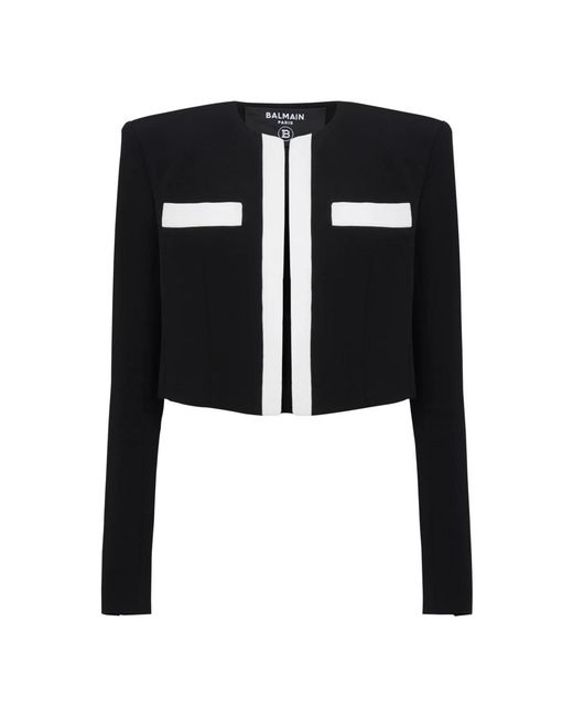 Balmain Jassen ,Zwart ,Leer Tweekleurig Crêpe Spencer Jasje in het Black