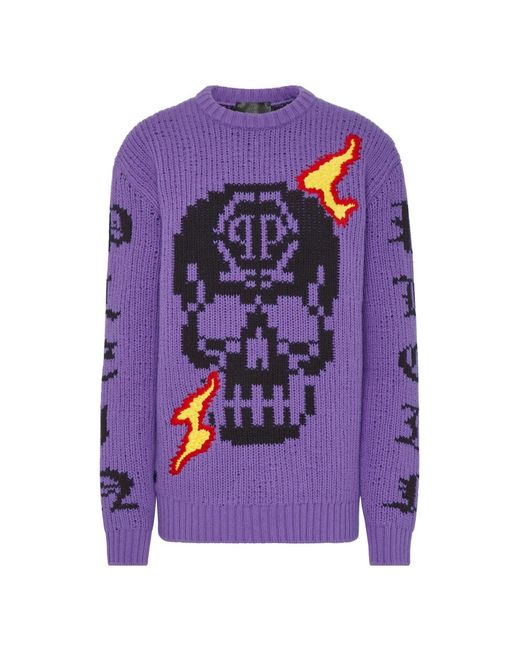 Philipp Plein Purple Round Neck Pullover Ls Skull
