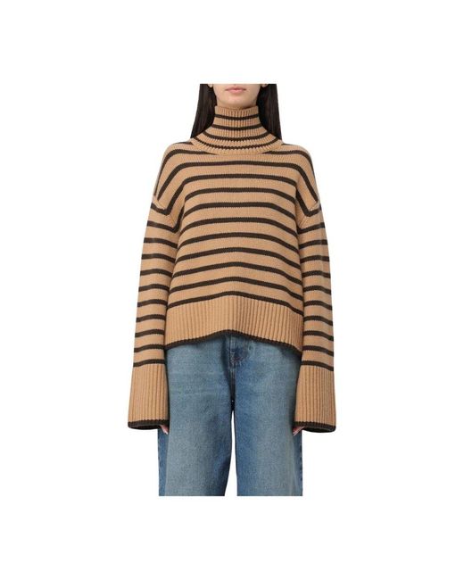 Lisa Yang Blue Beiger Gestreifter Rollkragenpullover