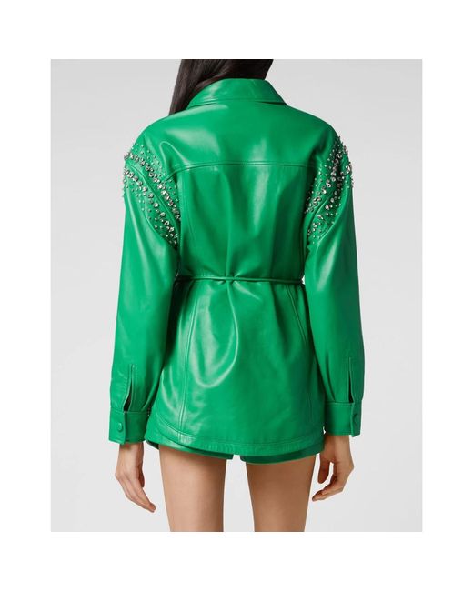 Philipp Plein Oversize Leren Shirt Crystal in het Green
