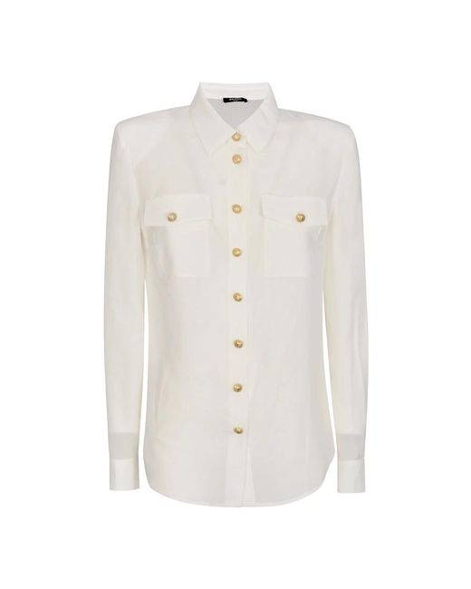 Balmain White Seidene weiße bluse mit goldknöpfen