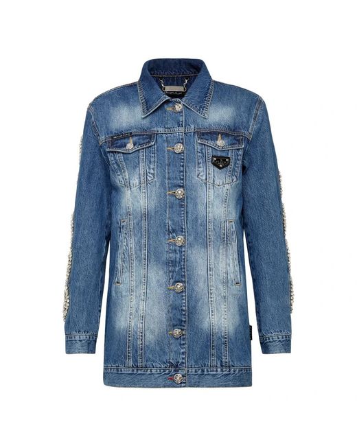 Philipp Plein Jassen ,Blauw ,Denim Denim Jacket Crystal Cable in het Blue