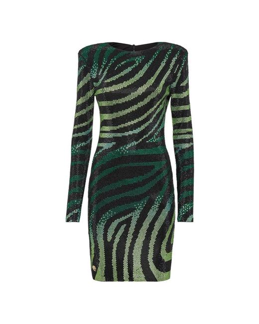 Philipp Plein Kleedjes ,Groen ,Polyester Mini Dress Ls With Crystals in het Green