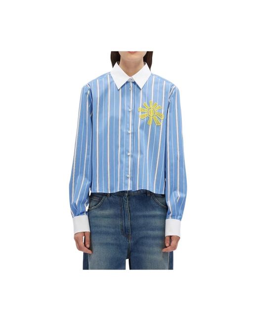MSGM Overhemden ,Blauw ,Katoen Blauw Gestreept Poplin Overhemd Met Gele Zon Decoratie in het Blue