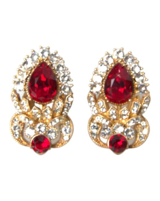 Orecchini placcati in oro con cristalli rossi e motivo floreale di Dolce & Gabbana in Red