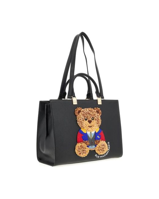 Rue Madam Black Schwarze Eco-Leder-Tote-Tasche Mit Ikonischem Bären