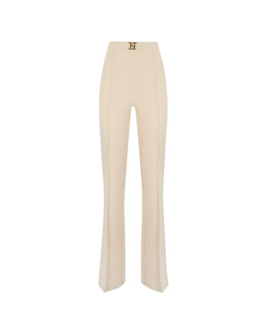Pantalones slim-fit de doble crepé con detalle de logo metálico Elisabetta Franchi de color Natural