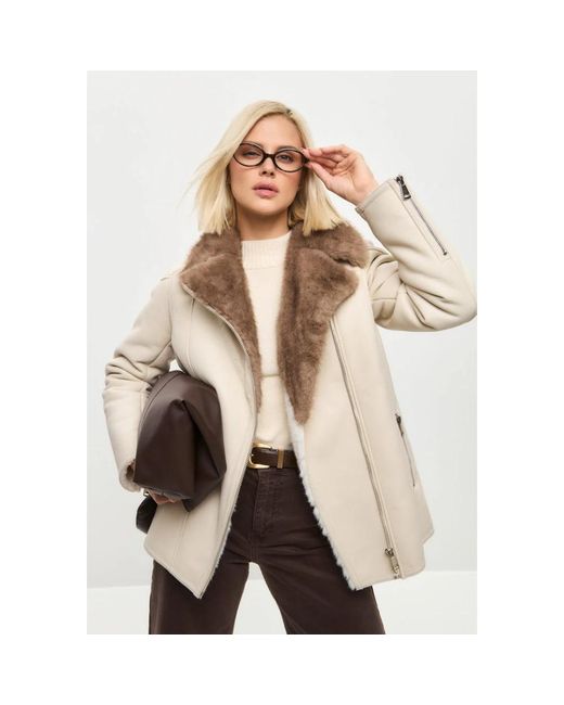 CESARE GASPARI Natural Mantel Mit Shearling-Futter Und Gürtel