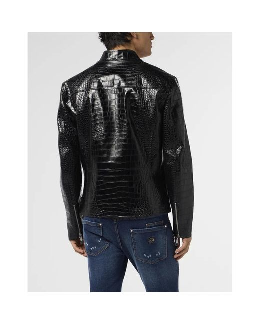 Philipp Plein Jassen ,Zwart ,Leer Leather Moto Jacket Cocco in het Black voor heren