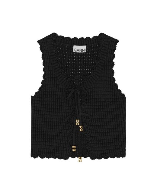 Ganni Truien & Vesten ,Zwart ,Katoen Zwarte Textured Kant Top Elegant Mouwloos in het Black