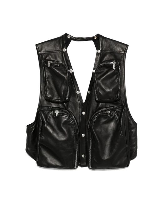 Rick Owens Zwarte Leren Cargovest Met V-Hals in het Black voor heren