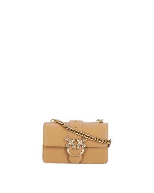 Pinko Natural Braune Leder-Schultertasche Mit Goldenen Nieten