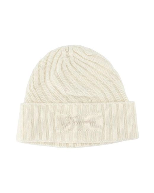 Jacquemus Natural Gerippte Strickmütze Mit Logo