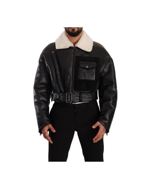 Giacca biker in pelle shearling nera di Dolce & Gabbana in Black da Uomo