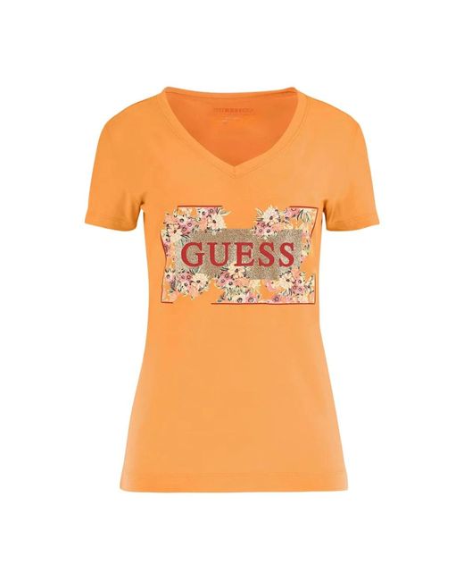 T-shirt stampa floreale - scollo a v di Guess in Orange