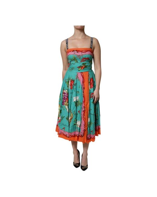Dolce & Gabbana Blue Bunt Gemustertes Seidenes Midi-Kleid Mit Gemüsedruck