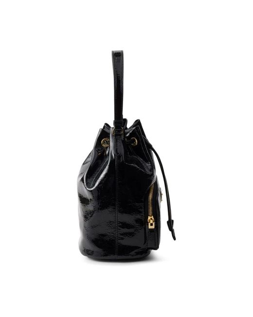 Prada Black Schwarze Lederschultertasche Mit Kordelzug