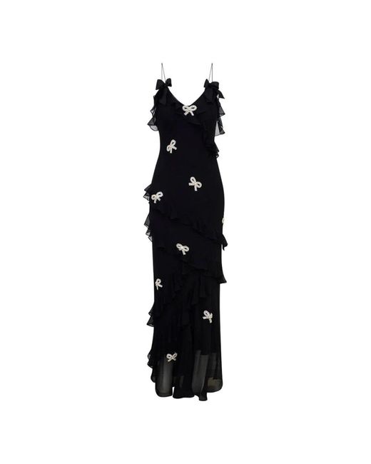 LoveShackFancy Black Maxi seidenkleid mit kristallbogenverzierung